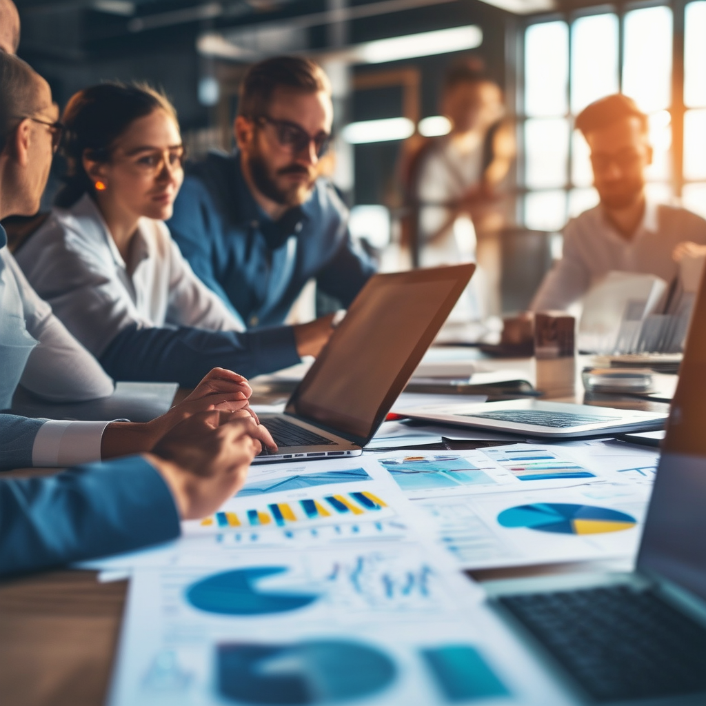 A business team collaborating around a table with