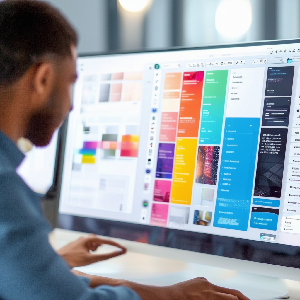 A designer using a sleek, modern artwork managemen
