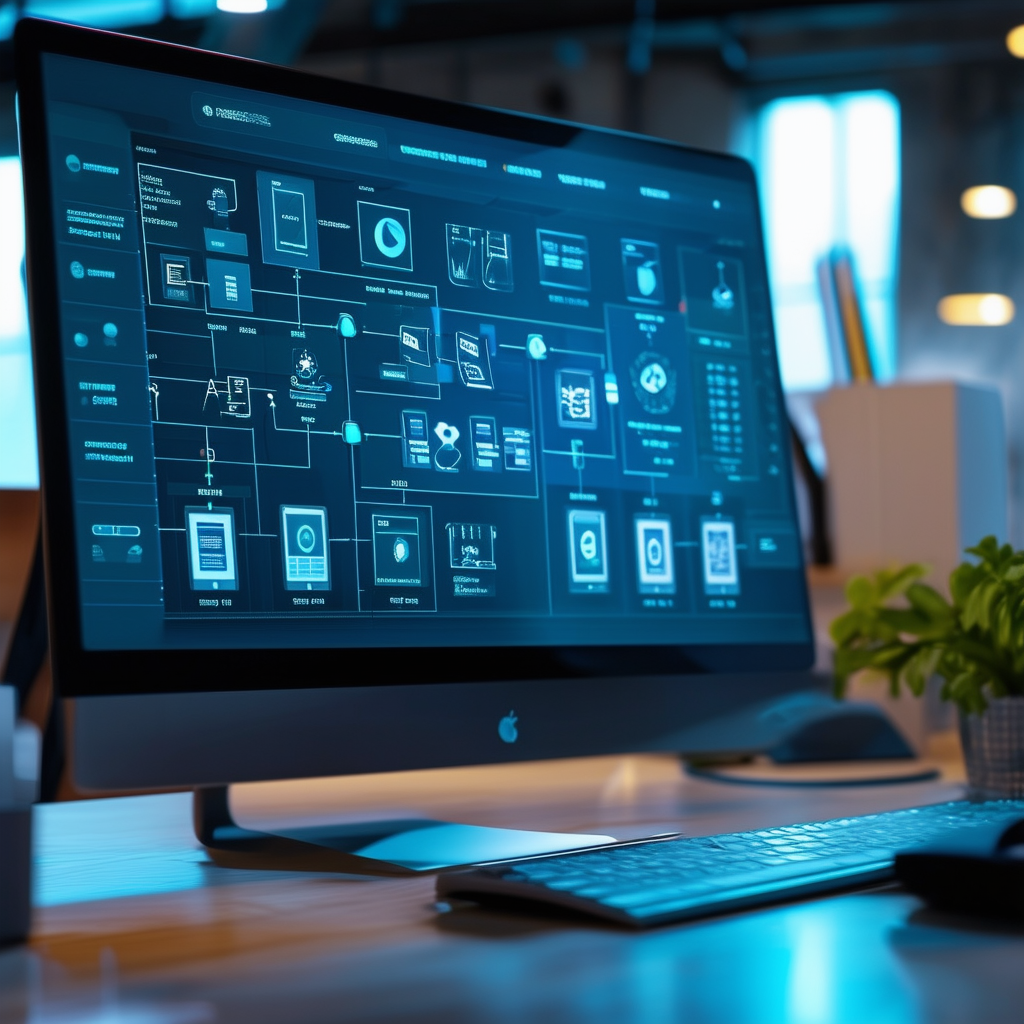 A modern workspace with a computer displaying an a