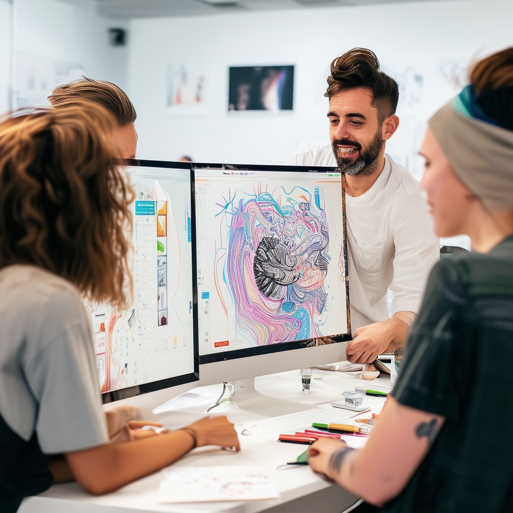 A team collaborating on digital artwork revisions