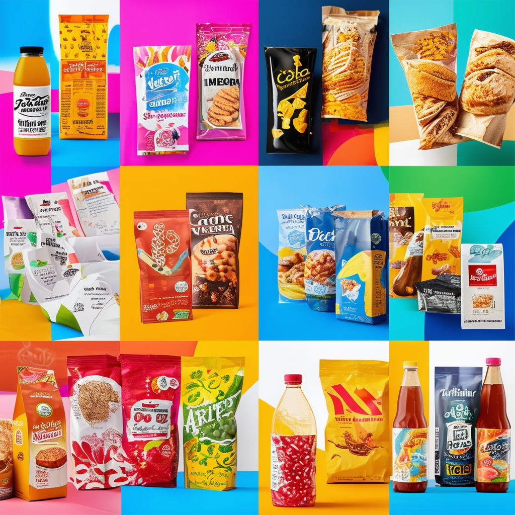 A vibrant collage of various food and beverage pac